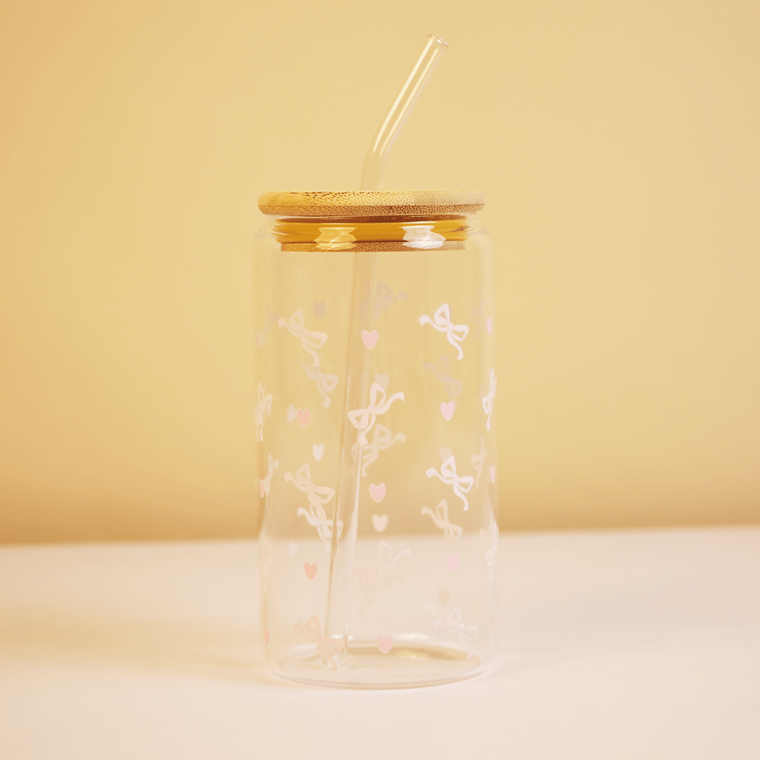 Cute Pink Bow Print Glass Tumbler with Bamboo Lid & Straw - Memories InsiteCUTE PINK BOW PRINT GLASS TUMBLER